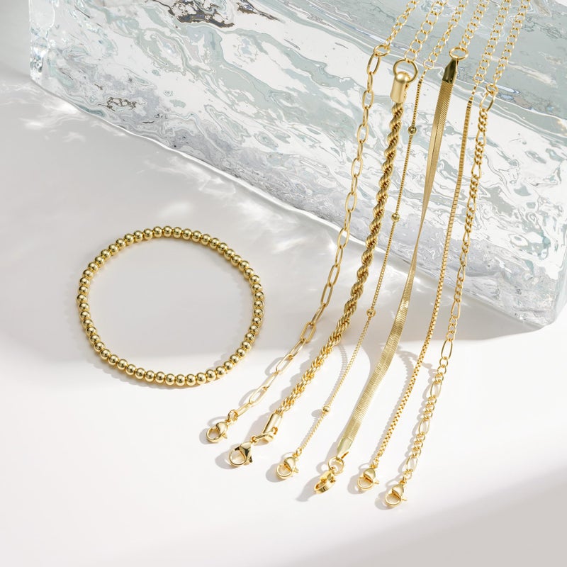 M MOOHAM Gold Bracelets for Women - Easter Gifts Dainty 14K Gold Plated Layered Beaded Bracelet Stack Paperclip Snake Rope Figaro Box Satellite Chain Bracelets for Women Non Tarnish, Jewelry Gifts - Image 4