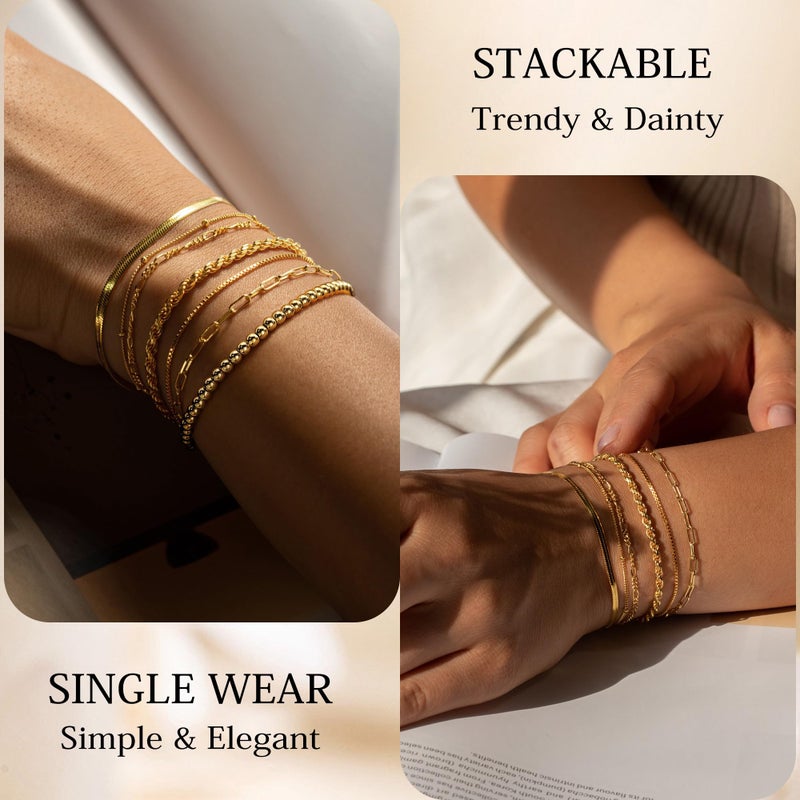 M MOOHAM Gold Bracelets for Women - Easter Gifts Dainty 14K Gold Plated Layered Beaded Bracelet Stack Paperclip Snake Rope Figaro Box Satellite Chain Bracelets for Women Non Tarnish, Jewelry Gifts - Image 3