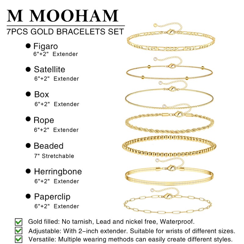 M MOOHAM Gold Bracelets for Women - Easter Gifts Dainty 14K Gold Plated Layered Beaded Bracelet Stack Paperclip Snake Rope Figaro Box Satellite Chain Bracelets for Women Non Tarnish, Jewelry Gifts - Image 5