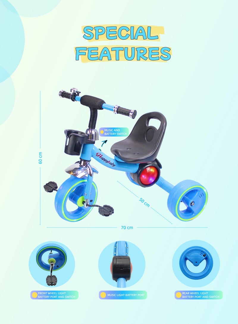 EASY FUTURE   Kids Baby Tricycle with Light & Music Ride-On Toy Bicycle with Storage Basket (Blue/Red/Pink Options) - Image 2