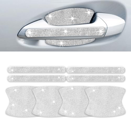 INSAUTO 8 Pieces Bling Car Door Handle Scratch Protector Universal Rhinestone Car Stickers for Women Automotive Exterior Accessories Silver - Image 1