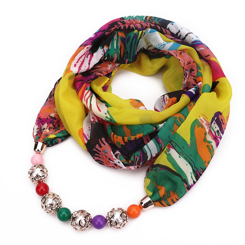 Beaded Pendant Scarf Clothing Printed Chiffon Necklace Scarf Neck Set - Image 1