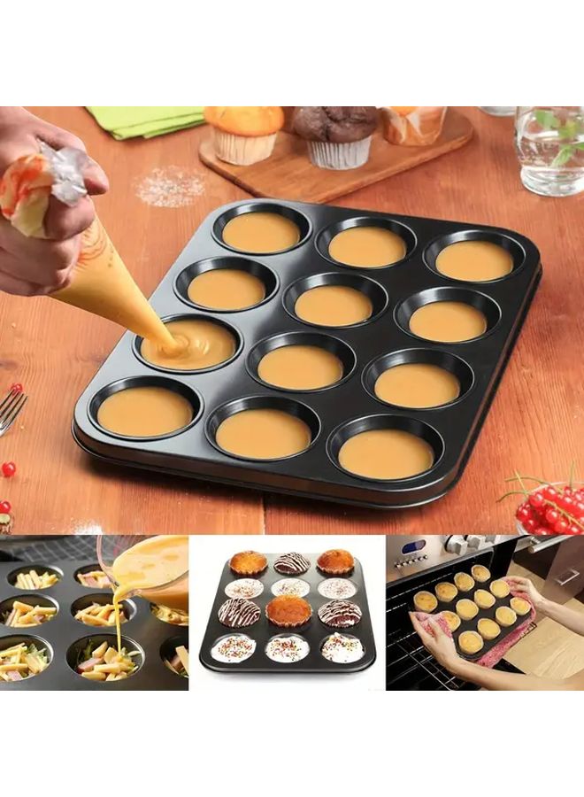 Black Nonstick Carbon Steel Muffin Pan 12 Cup Cupcake Tray Brownie Bakeware - Image 3