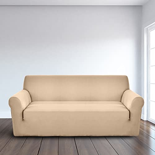 LUXTON HOME Universal Elastic Sofa Cover Stretchable Slipcover for Any Type of Sofa or Couch | Spandex Jacquard Fabric | Easy Installation & Washable | Living Room,Office (Beige, Three Seater) - Image 1