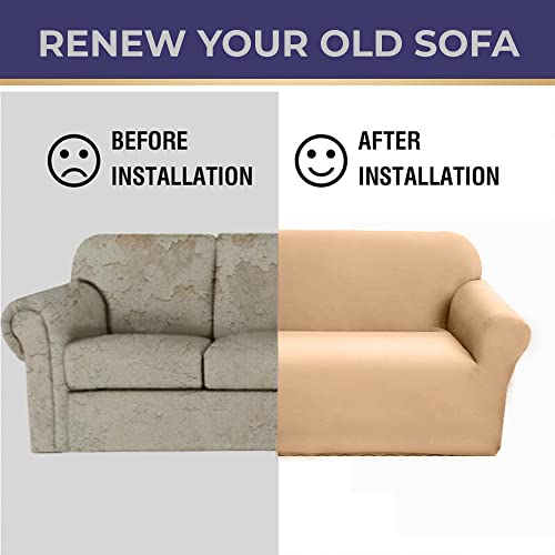 LUXTON HOME Universal Elastic Sofa Cover Stretchable Slipcover for Any Type of Sofa or Couch | Spandex Jacquard Fabric | Easy Installation & Washable | Living Room,Office (Beige, Three Seater) - Image 3
