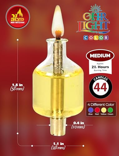Ner Mitzvah Pre-Filled Colored Menorah Oil Cup Candles - Hanukkah Ohr Lights - 100% Olive Oil with Cotton Wick in Glass Cup - Medium Size, 44 per Pack, Burns Approx. 2 1/2 Hrs - Image 3