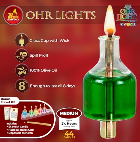 Ner Mitzvah Pre-Filled Colored Menorah Oil Cup Candles - Hanukkah Ohr Lights - 100% Olive Oil with Cotton Wick in Glass Cup - Medium Size, 44 per Pack, Burns Approx. 2 1/2 Hrs - Image 2