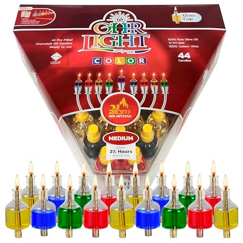 Ner Mitzvah Pre-Filled Colored Menorah Oil Cup Candles - Hanukkah Ohr Lights - 100% Olive Oil with Cotton Wick in Glass Cup - Medium Size, 44 per Pack, Burns Approx. 2 1/2 Hrs - Image 1