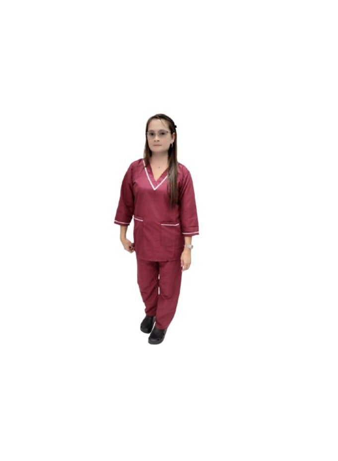 زي الخادمة مع بلوزة بفتحة رقبة على شكل حرف V وبنطلون زي الخادمة المنزلية باللون العنابي  - Image 3