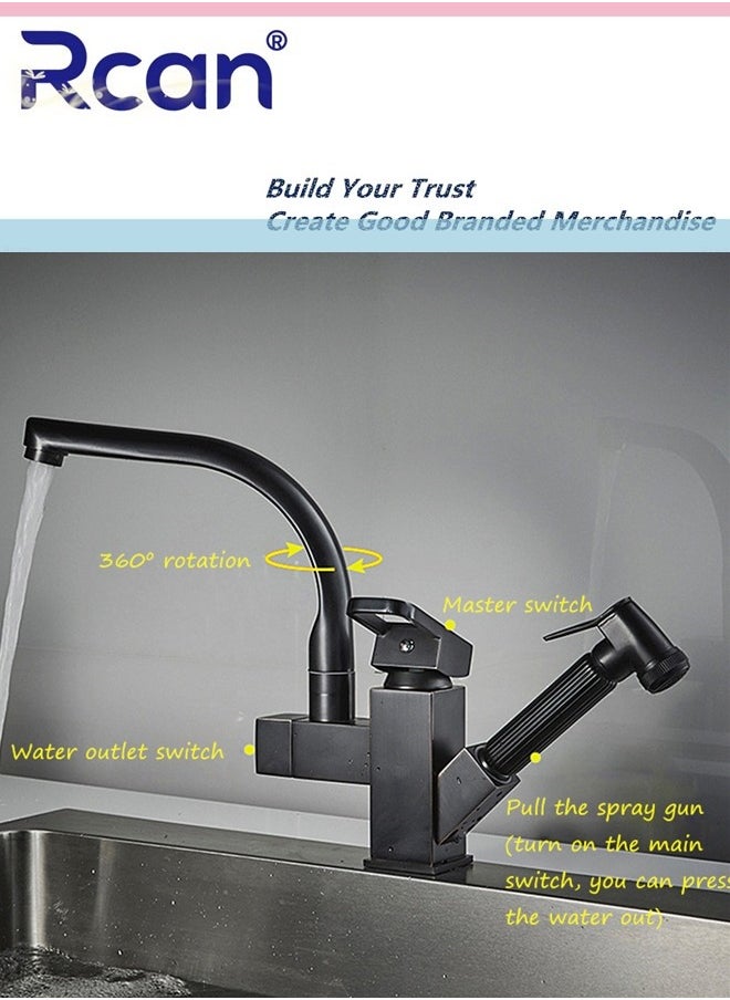2 In 1 Kitchen Faucet Pull Out Mixing High Pressure Spray Gun Nozzle 360° Rotating Countertop Sink Single Handle Hot and Cold Dual Control Faucet Multi-Functional Suitable for Kitchen Bathroom Balcony