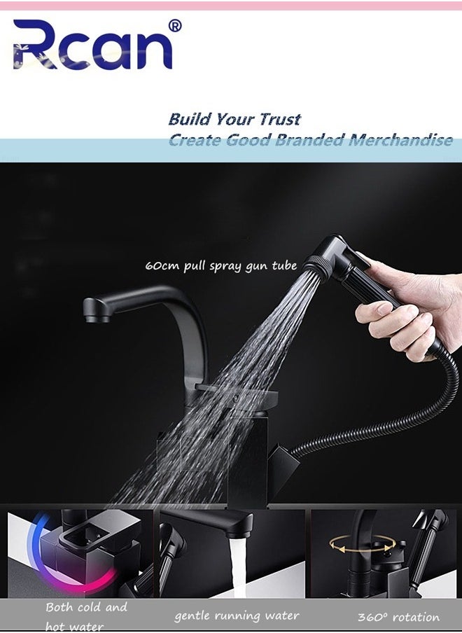 2 In 1 Kitchen Faucet Pull Out Mixing High Pressure Spray Gun Nozzle 360° Rotating Countertop Sink Single Handle Hot and Cold Dual Control Faucet Multi-Functional Suitable for Kitchen Bathroom Balcony