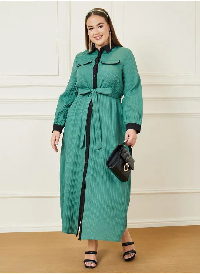 Styli Textured A-Line Maxi Dress with Tie Belt