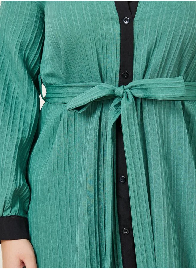 Styli Textured A-Line Maxi Dress with Tie Belt
