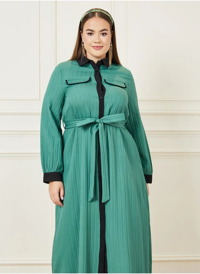 Styli Textured A-Line Maxi Dress with Tie Belt