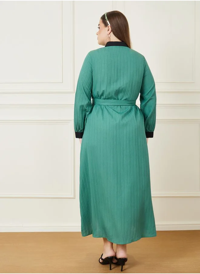 Styli Textured A-Line Maxi Dress with Tie Belt