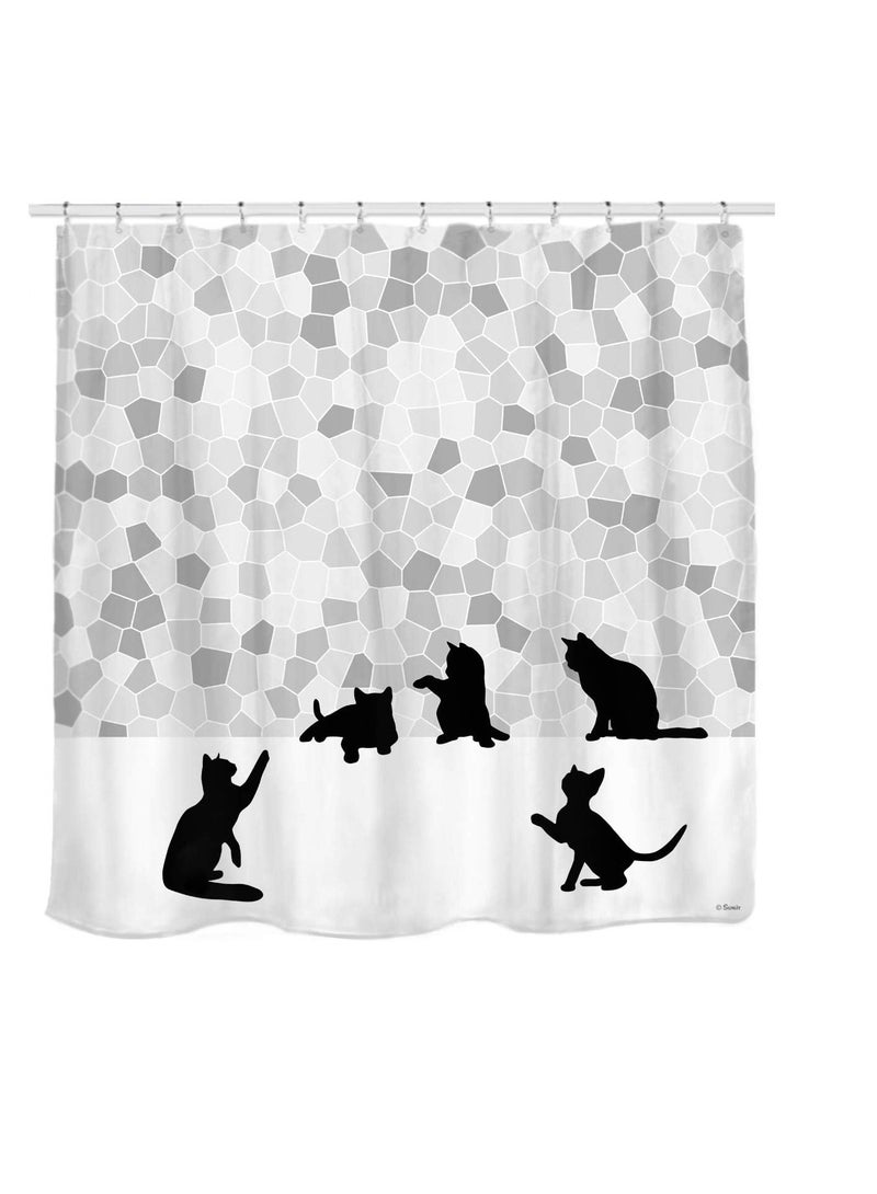 Sunlit Design Black Cat Silhouette and Gray Mosaic Fabric Shower Curtain Grey and White - Image 1