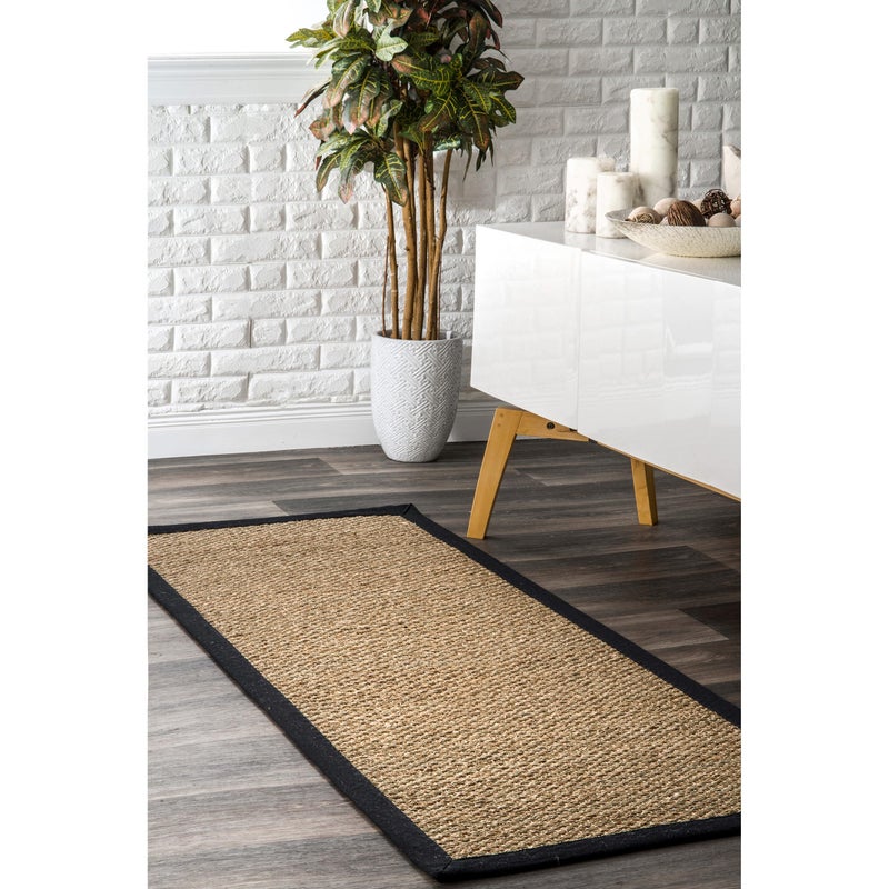 nuLOOM 2 6 x 10 Elijah Seagrass Area Rug Black Solid Farmhouse Style Cotton Bordered Basketweave Natural Fiber For Bedroom Dining Room Living Room Hallway Office Kitchen Entryway