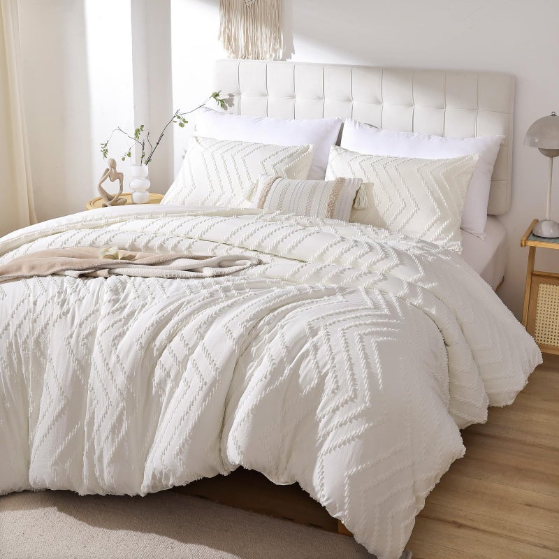 YIRDDEO Ivory White Twin Size Comforter Set 2Pcs, Boho Twin Comforter Set Farmhouse Twin Size Bedding Set, Vertical Tufted Twin Bed Set, Lightweight Neutral Twin Bedroom Set (1 Comforter 1 Pillowcase) - Image 1