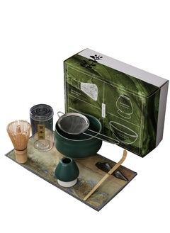 Arabest 7 Piece Matcha Set, Luxurious Tea Set with Ceramic Bowl, Filter, Traditional Scoop, Prong Bamboo Matcha Whisk and Holder (Dark Green)  - Image 1