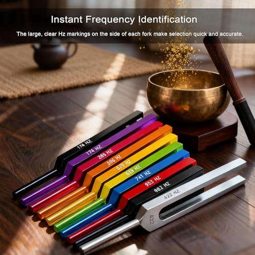 Lrowvenu 10-Piece Complete Solfeggio Tuning Fork Set with Case - 174Hz-963Hz & 432Hz - Professional Healing Kit with Mallets, Wooden & Metal Bases for Therapy, Meditation, Yoga - Image 2