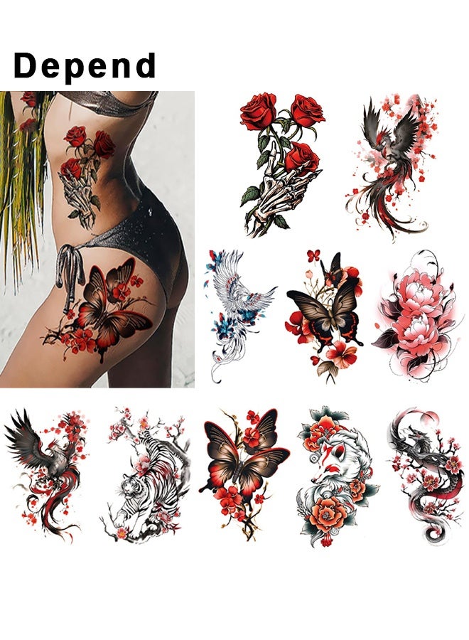 Depend 10PCS Temporary Tattoos, Large Collection Of Waterproof Animal And Floral Designs, Black And Coloured Art Transfers For Men And Women - Image 1