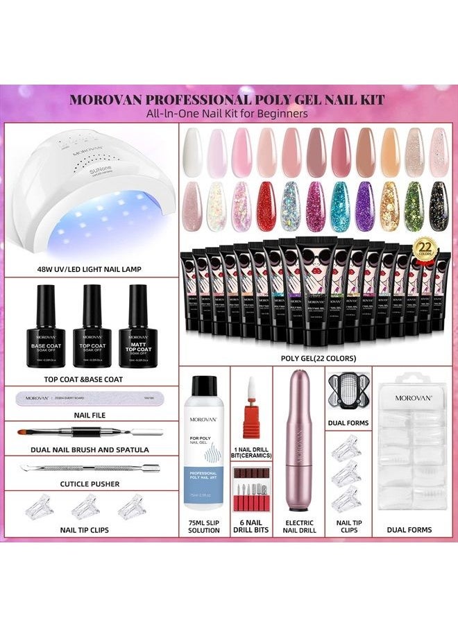 morovan - Poly Gel Nail Kit - 22 Colors Poly Nail Gel Kit with 48W LED Nail Lamp and Slip Solution Poly Nail Extension Gel Kit with Nail Drill & Matte Top Base Coat Set for DIY Nails Manicure Starter Ki - Image 1