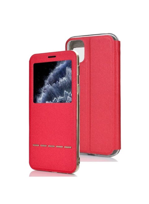 Case Cover For iPhone 11 Pro Matte Texture Horizontal Flip Bracket Mobile Phone Holster Window with Caller ID and Metal Button Slide To Unlock Red