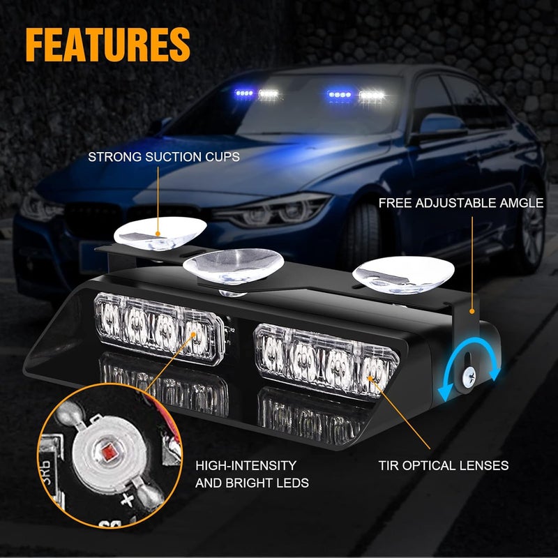 XRIDONSEN 2in1 Dash Emergency Strobe Lights - Blue/White Warning Safety Flash Lights with Suction Cups - Image 3