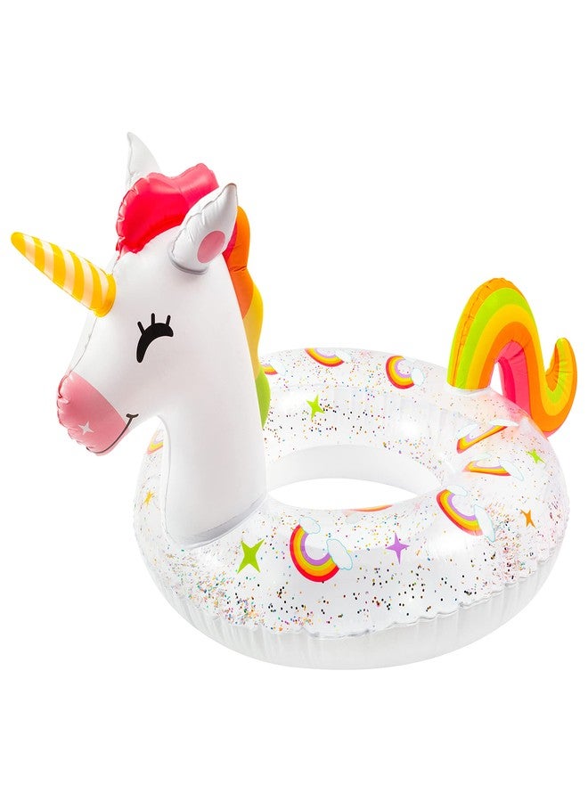 Zainpe Unicorn Inflatable Pool Float with Glitters Inflation Swimming Ring Outdoor Water Inflatable Lounge Raft Tube Summer Fun Beach Floaties Vinyl Swim Floaty Pool Toy for Kids Adults White - Image 1