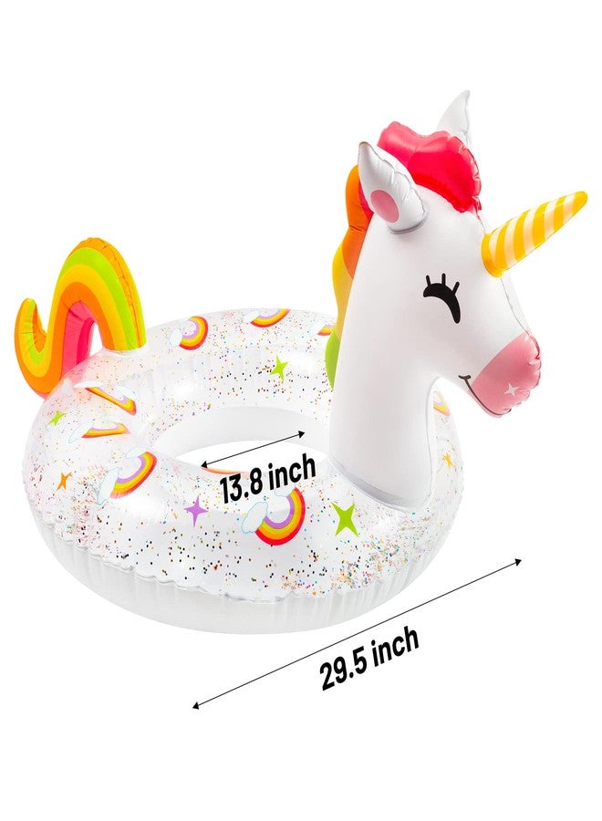 Zainpe Unicorn Inflatable Pool Float with Glitters Inflation Swimming Ring Outdoor Water Inflatable Lounge Raft Tube Summer Fun Beach Floaties Vinyl Swim Floaty Pool Toy for Kids Adults White - Image 2