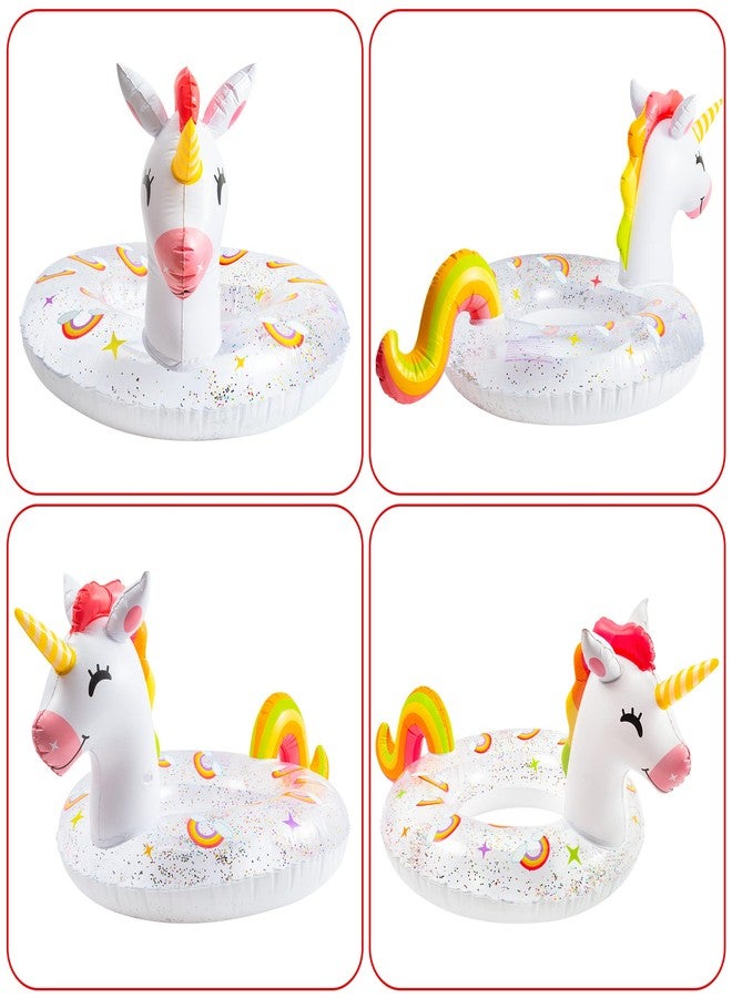 Zainpe Unicorn Inflatable Pool Float with Glitters Inflation Swimming Ring Outdoor Water Inflatable Lounge Raft Tube Summer Fun Beach Floaties Vinyl Swim Floaty Pool Toy for Kids Adults White - Image 4