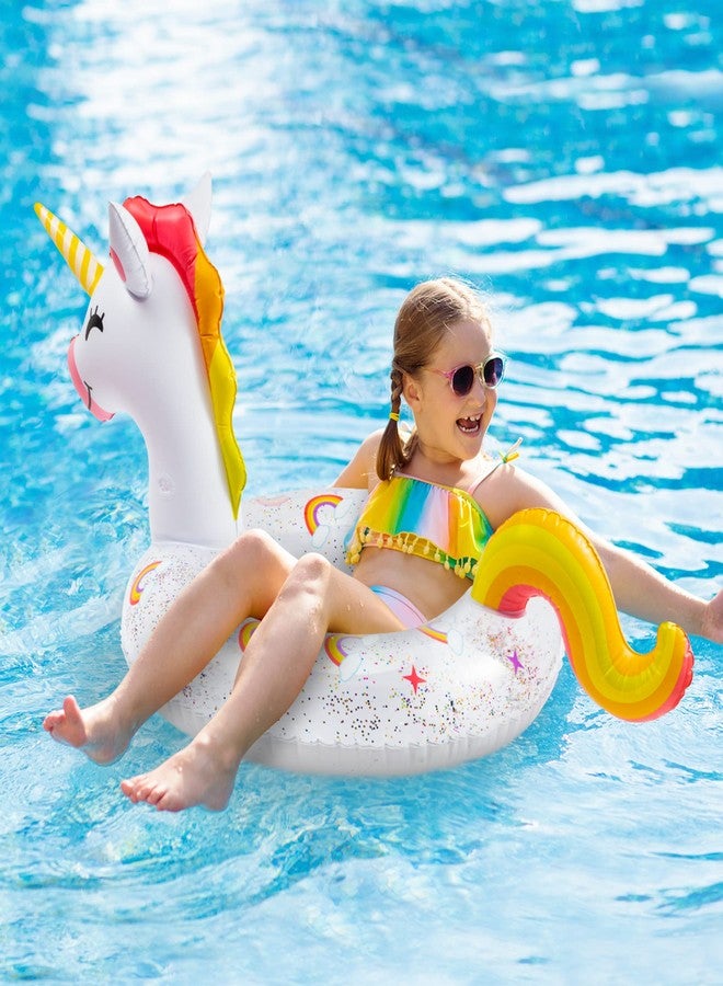 Zainpe Unicorn Inflatable Pool Float with Glitters Inflation Swimming Ring Outdoor Water Inflatable Lounge Raft Tube Summer Fun Beach Floaties Vinyl Swim Floaty Pool Toy for Kids Adults White - Image 5