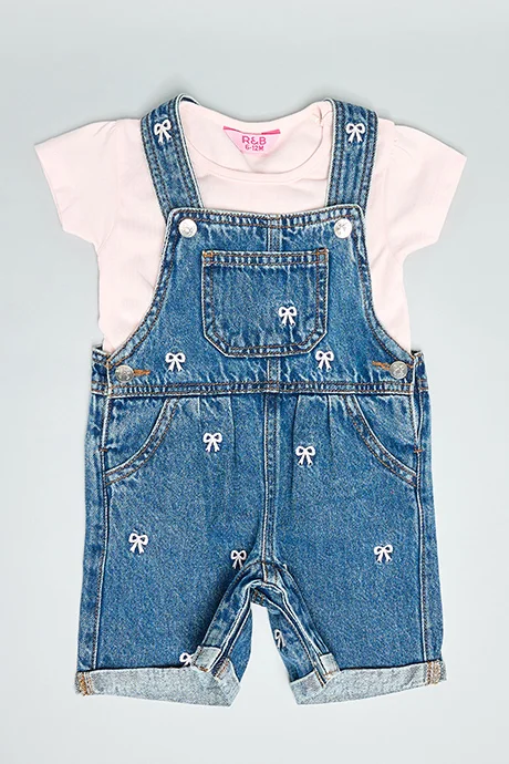R&b Solid Top & Embroidered Dungaree Set