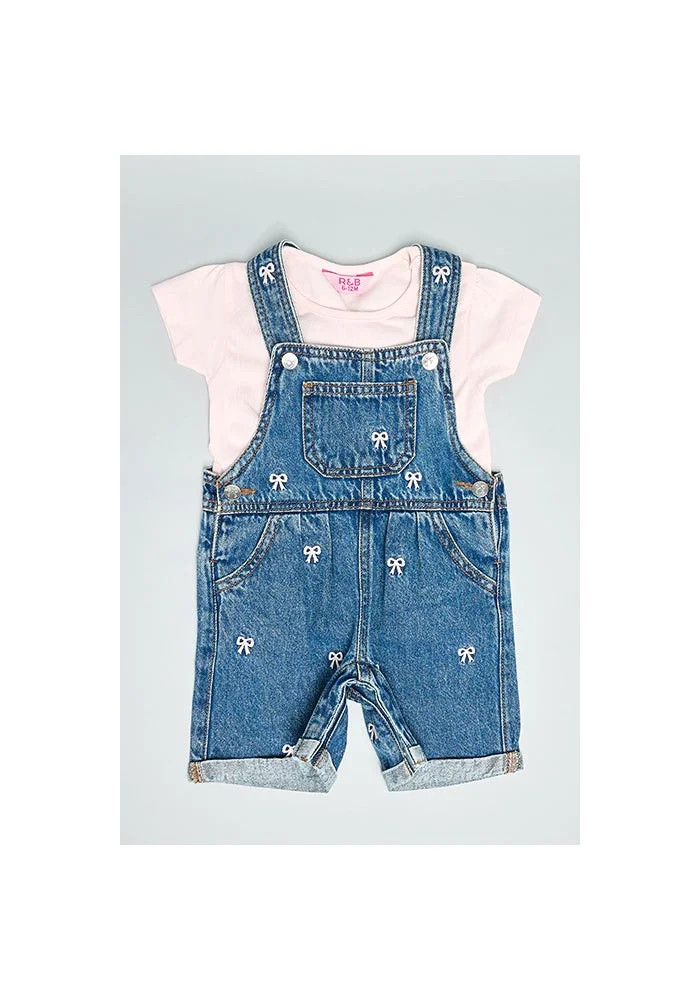 أر أند بي Solid Top & Embroidered Dungaree Set