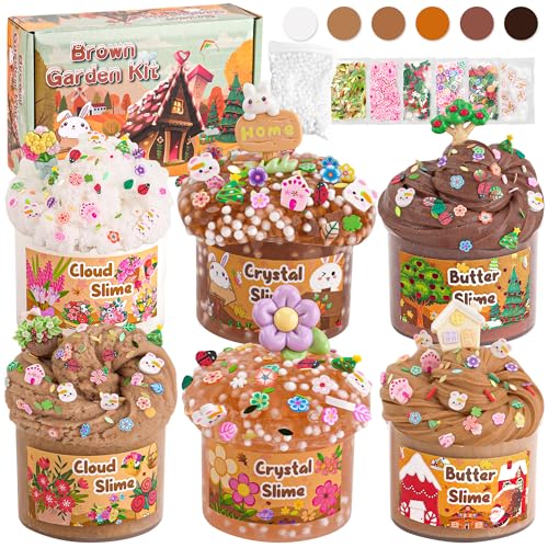 LAWOHO 6 Packs Brown Slime Kit Cloud Butter Clear Slimes with Garden Addins Crunchy Slime for Kids Party Favors for Girls and Boys 360ml Slime Kits Birthday Halloween Christmas Easter Gifts - Image 1