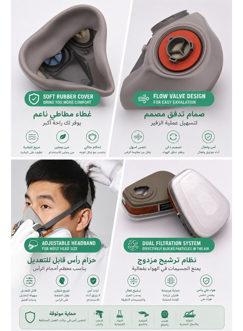 Lecran Reusable Respirator Mask - Half Face Gas Mask with Safety Glasses & Filters for Painting, Welding, Woodworking - Professional Work Protection (Medium Size) - Image 4