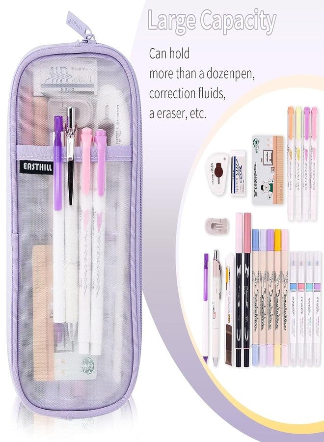EASTHILL Grid Mesh Pen Pencil Case with Zipper Clear Makeup Color Pouch Cosmetics Bag Multi-Purpose Travel School Teen Girls Transparent Stationary Bag Office Organizer Box for Adluts(Purple) - Image 3