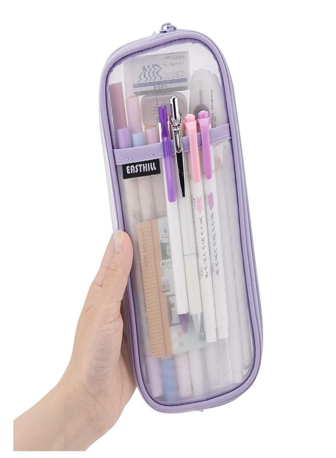 EASTHILL Grid Mesh Pen Pencil Case with Zipper Clear Makeup Color Pouch Cosmetics Bag Multi-Purpose Travel School Teen Girls Transparent Stationary Bag Office Organizer Box for Adluts(Purple) - Image 1