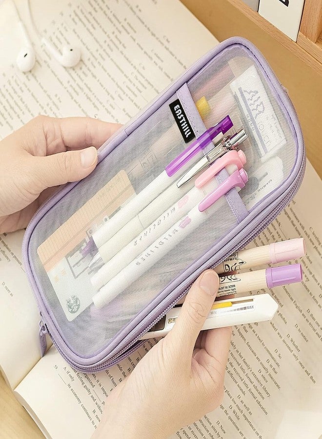 EASTHILL Grid Mesh Pen Pencil Case with Zipper Clear Makeup Color Pouch Cosmetics Bag Multi-Purpose Travel School Teen Girls Transparent Stationary Bag Office Organizer Box for Adluts(Purple) - Image 2