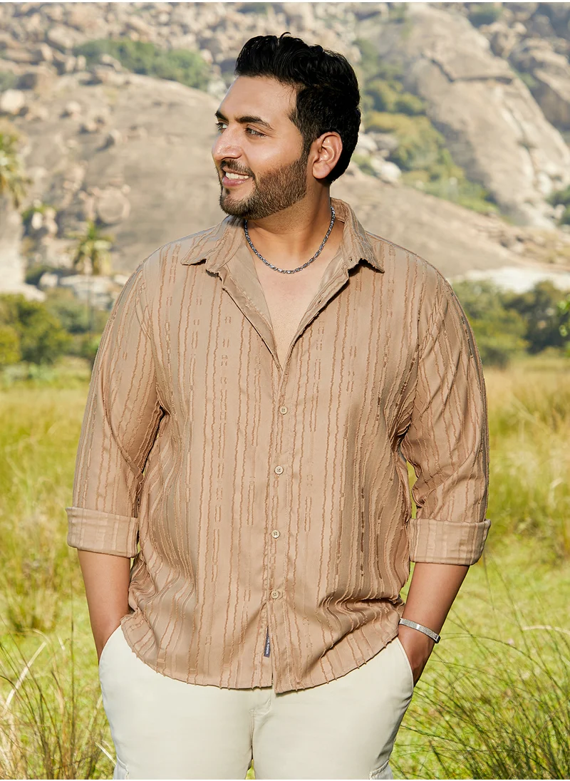 انستافاب بلس Instafab Plus Men's Camel Beige Ripple-Edge Shirt For Casual Wear | Spread Collar | Long Cuffed Sleeves | Button Closure | Plus Size Shirt Crafted With Comfort Fit For Everyday Wear