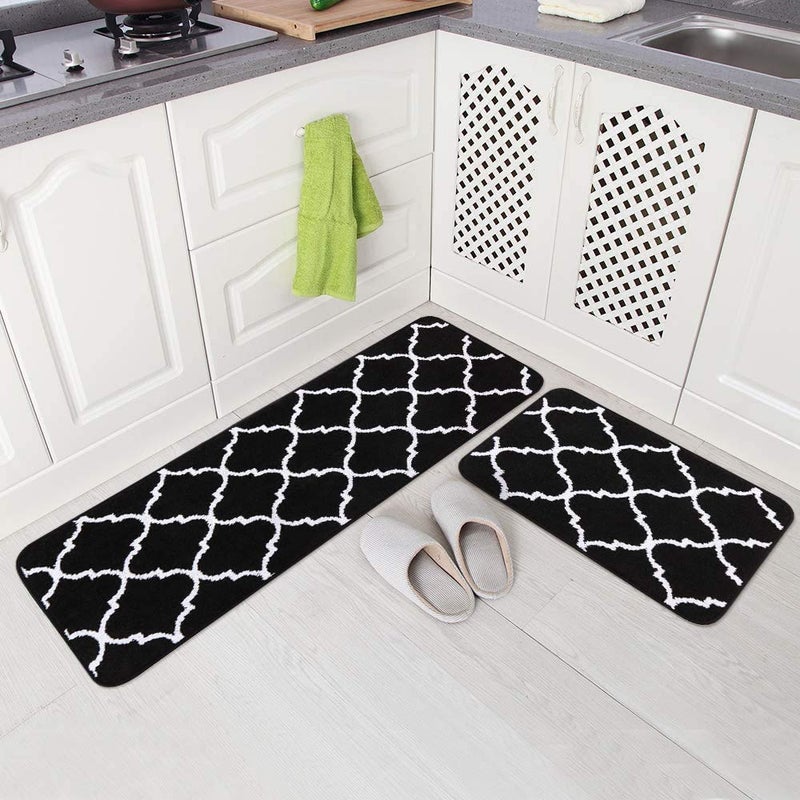 Carvapet 2 Piece NonSlip Kitchen Rugs Machine Washable Moroccan Pattern Doormat Kitchen Floor Mat Black