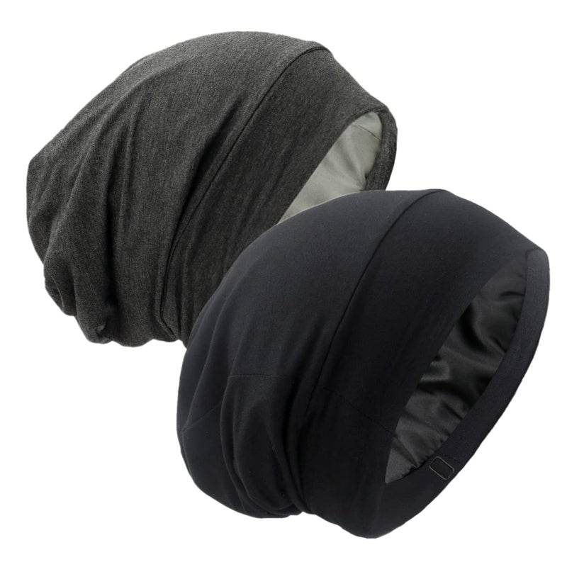GB Selected Silk Satin Lined Bonnet Sleep Cap - Adjustable Stay on All Night Hair Wrap Cover Slouchy Beanie for Curly Hair Protection for Women and Men - Black & Dark Grey
