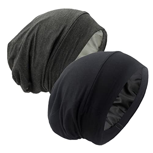 GB Selected Silk Satin Lined Bonnet Sleep Cap - Adjustable Stay on All Night Hair Wrap Cover Slouchy Beanie for Curly Hair Protection for Women and Men - Black & Dark Grey - Image 1