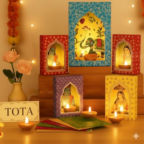 TOTA Jharokha Decorative Wall Hanging - Set of 7 DIY Traditional 3D Paper Frames + 7 Water Sensitive Diyas for Diwali Decoration | Home Décor | Mandir Office Pooja and Living Room Festive Decor - Image 5