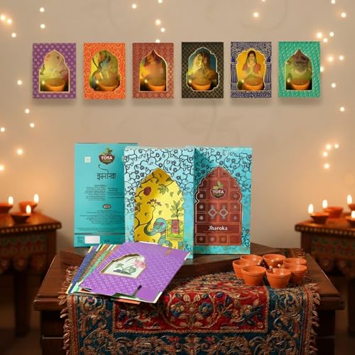 TOTA Jharokha Decorative Wall Hanging - Set of 7 DIY Traditional 3D Paper Frames + 7 Water Sensitive Diyas for Diwali Decoration | Home Décor | Mandir Office Pooja and Living Room Festive Decor - Image 1