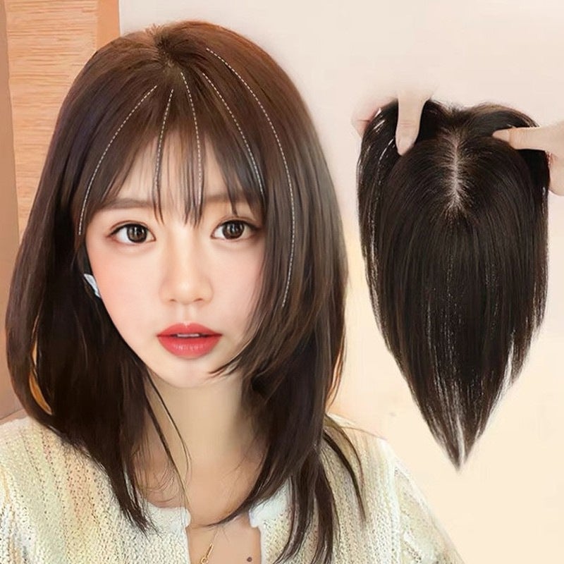 Generic French Style Air Bangs Wigs Womens Summer Covering Scarce White Hair Overhead Repair Traceless Invisible Artificial Hair Wigs D.Brown