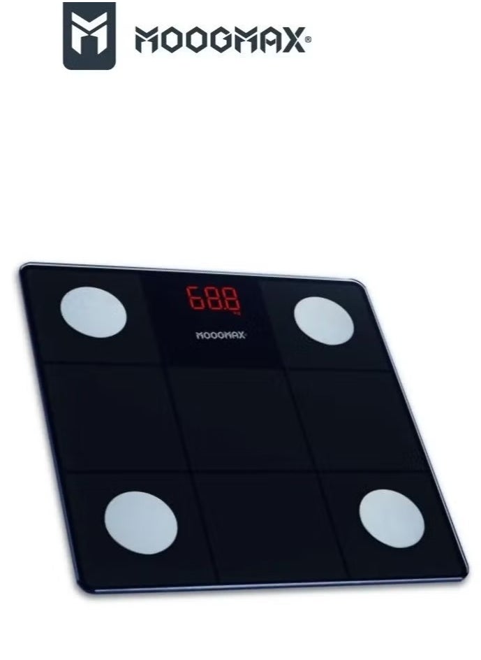 Moogmax Smart Fat Scale - A smart scale that features a smart display screen, carrying up to 150 kg, a phone application for follow-up, measuring the percentage of muscle, fat, bone and protein. black