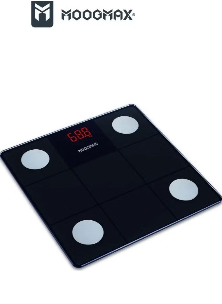 Moogmax Smart Fat Scale - A smart scale that features a smart display screen, carrying up to 150 kg, a phone application for follow-up, measuring the percentage of muscle, fat, bone and protein. black