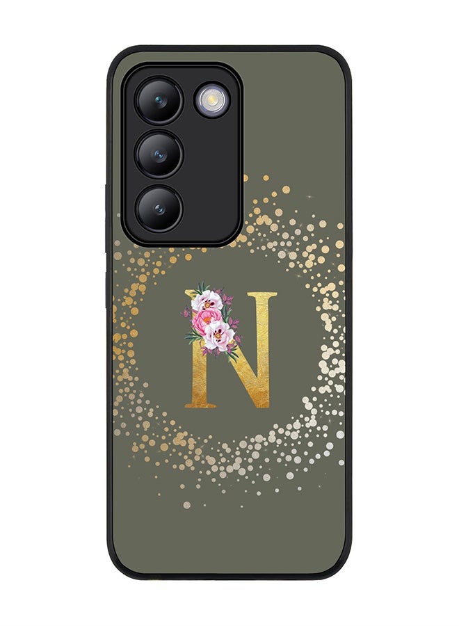 Stylizedd Rugged Black edge case for Vivo V30 Lite 5G, Slim fit Cover Custom Monogram Initial Letter Floral Pattern Alphabet - N  (Olive Green ) - Image 1