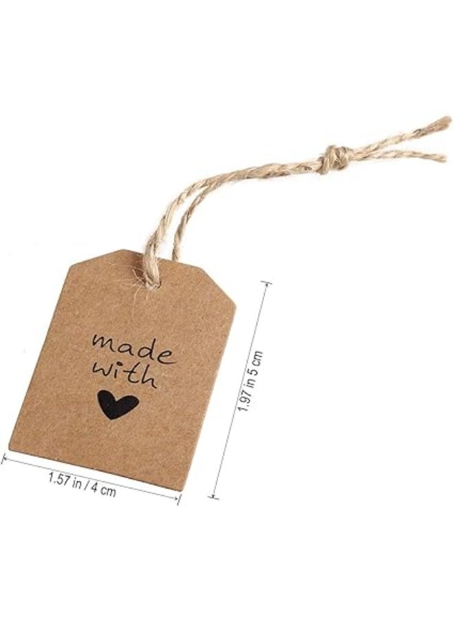 بريميفي كارت من ورق كرافت مقوى طبيعي ملائم كهدية من بريميفي، ملصقات 5.5×4 سم مزينة بـMade with وقلب حب مع خيط من قنب 10 متر ملائمة كهدية للحفلات وحفلات الزفاف وعيد الحب واعياد الميلاد، 100 قطعة، لون بني - Image 4